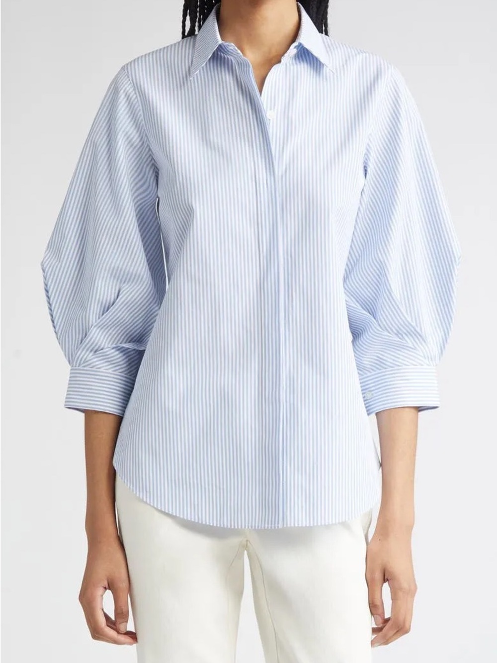 Lafayette 148 New York Slim Balloon Sleeve Light Blue Striped Button-Front Shirt